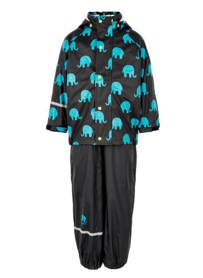 Regenbroek en regenjas met olifanten print in zwart - turquoise |110-140
