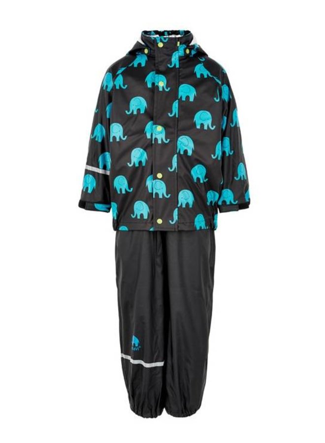 Waterproof rainsuit: raincoat and rainpants in black with elephant print