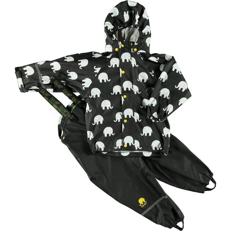 Gedetailleerd Souvenir rollen Kinder regenpak met losse broek en jas in zwart/geel met olifanten -  Chick-a-dees homepage