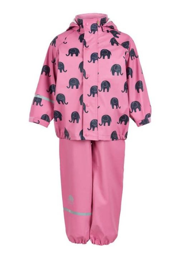 Waterproof rainsuit: raincoat and rainpants in pink with black elephants