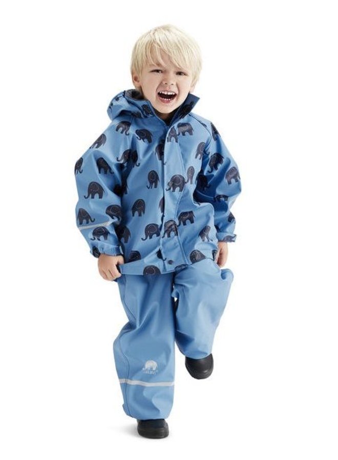 Waterproof rainsuit: raincoat and rainpants in blue with black elephants