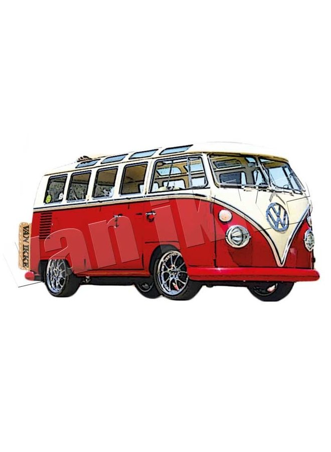 Applicatie retro VW-bus rood of blauw voor overall