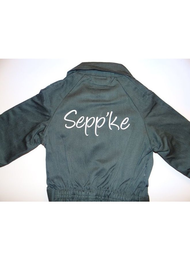 Dark green overall with name or text printing