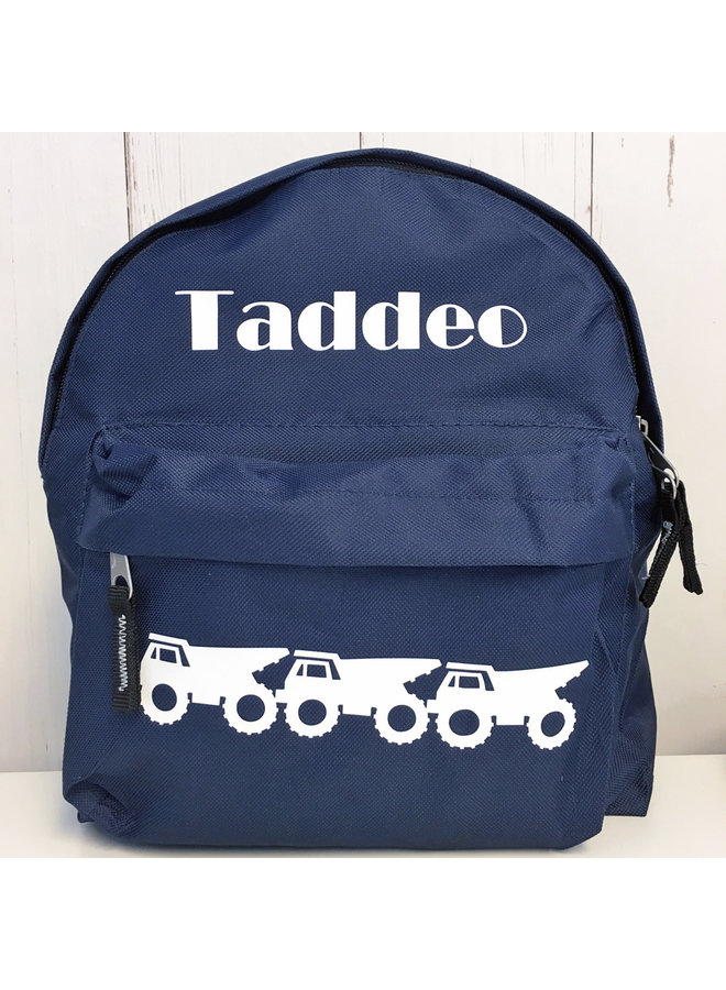 Personalized toddler backpack with dump trucks