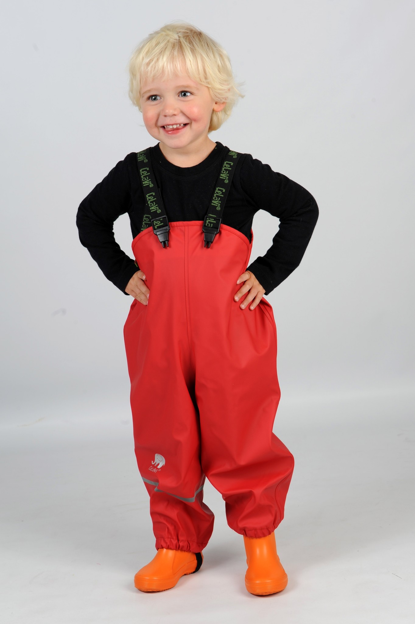 Rode kinder regenbroek, bretels - Chick-a-dees buitenkleding en kinderoveralls