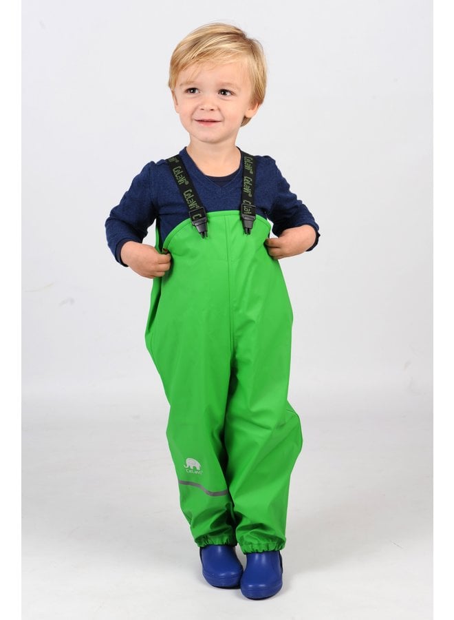 Lime green children's rain pants with suspenders | size 70-100