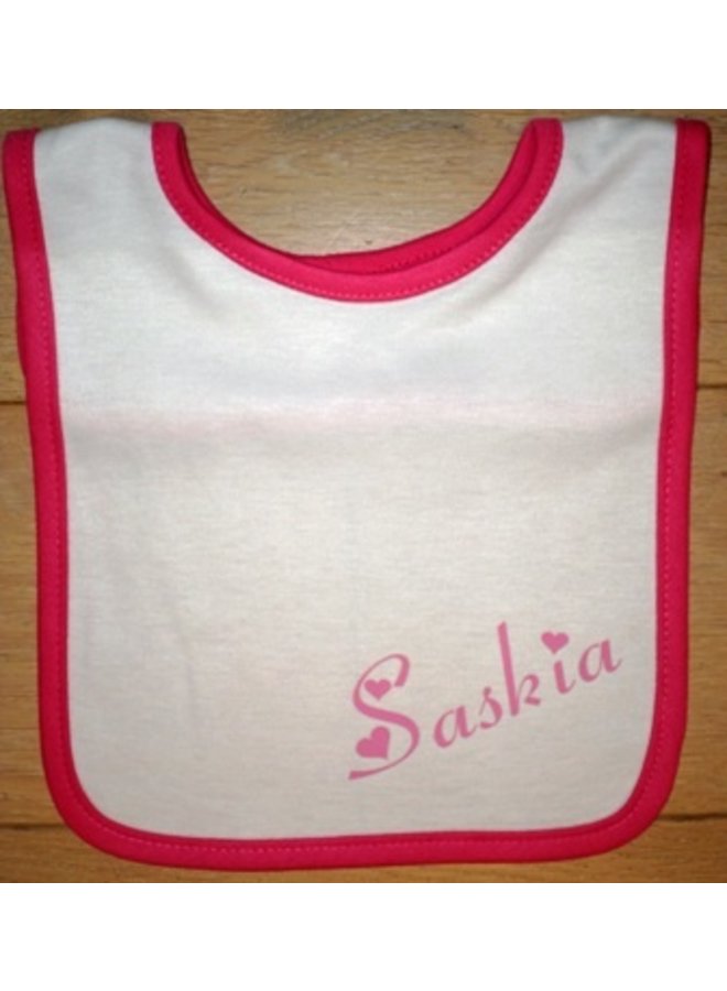 White bib with name and colored trim, various colors