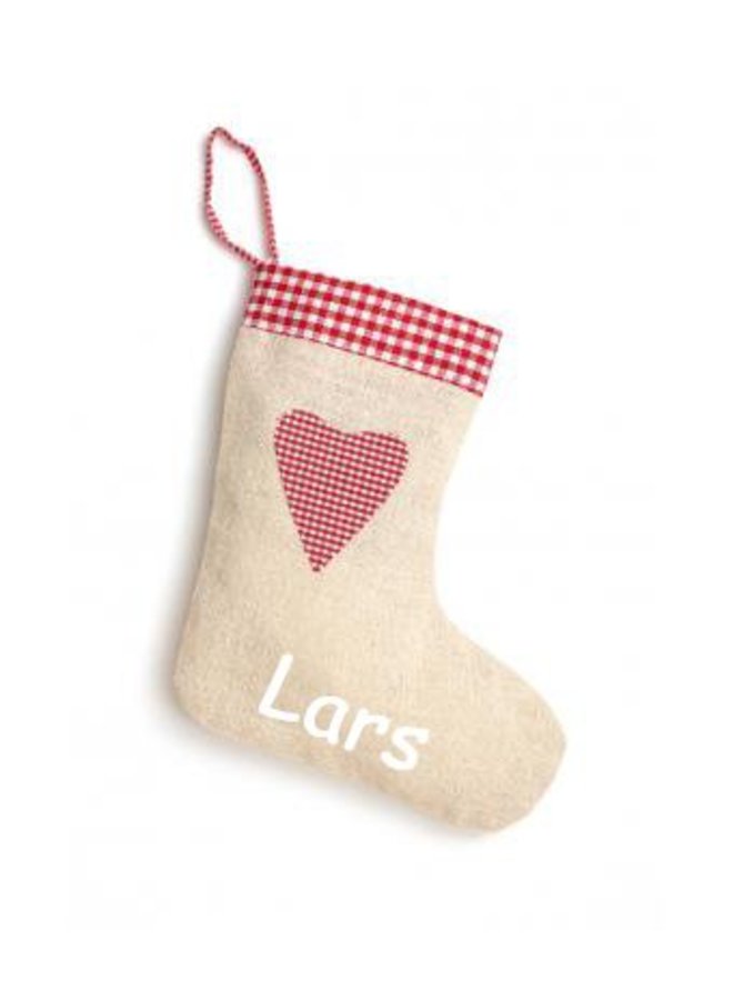 Printed Christmas stocking in linen, jute-look jute with heart