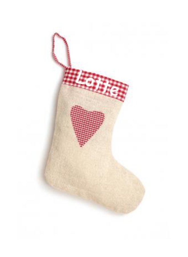 Printed Christmas stocking in linen, jute-look jute with heart