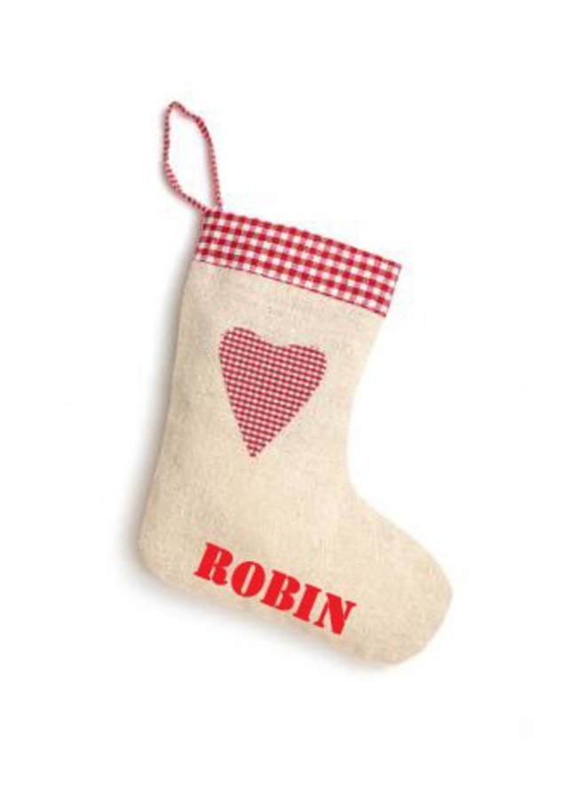 Printed Christmas stocking in linen, jute-look jute with heart