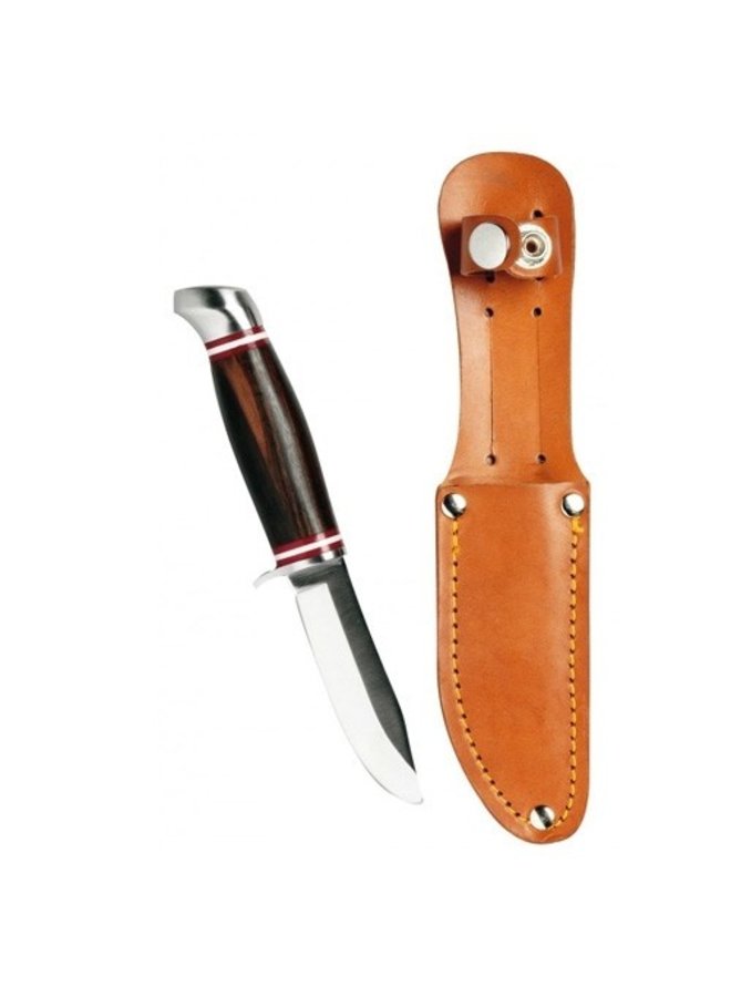 Outdoor knife with rounded tip in holder