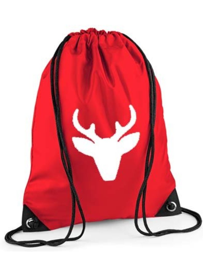 Red backpack, gym bag with reindeer