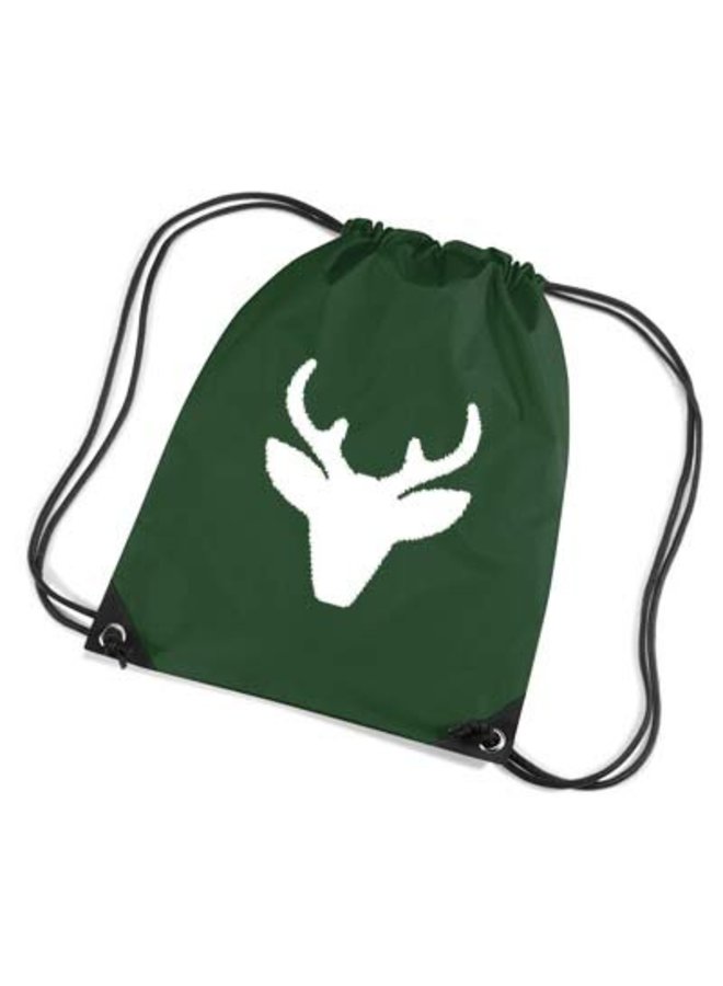 Dark green backpack, gym bag with reindeer