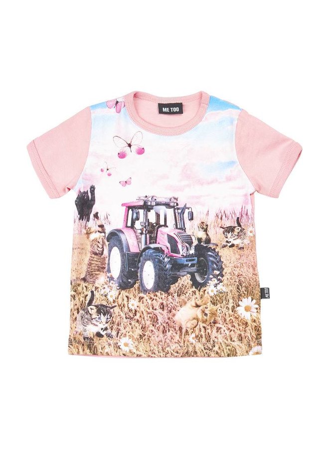 T-shirt met tractor in roze- korte mouwen
