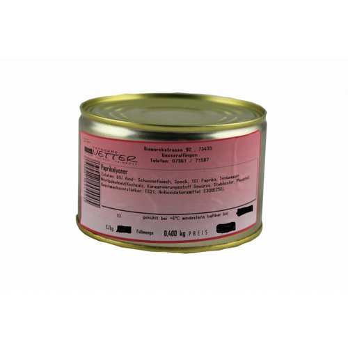 Metzgerei Vetter (Wasseralfingen) Paprikalyoner (400g/Dose) Metzgerei Vetter (Wasseralfingen) Paprikalyoner (400g/Dose)
