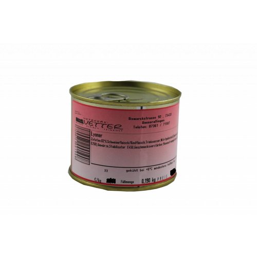 Metzgerei Vetter (Wasseralfingen) Lyoner (190g/Dose) Metzgerei Vetter (Wasseralfingen) Lyoner (190g/Dose)
