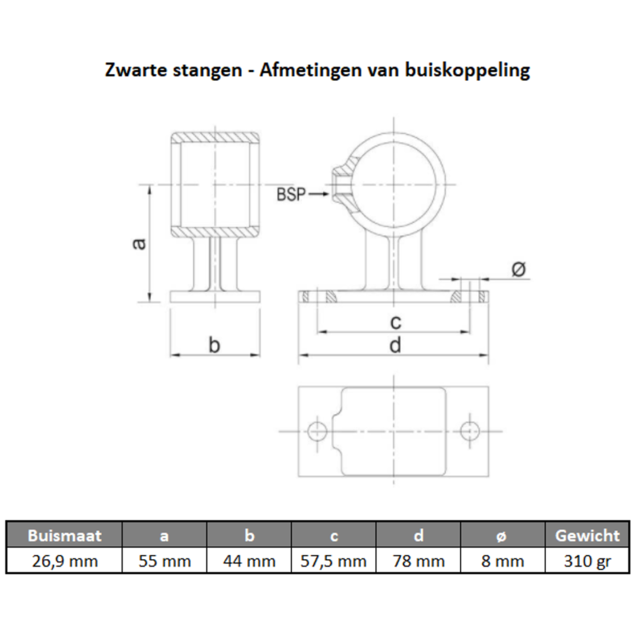 Zwarte bevestigingsstang  60 cm