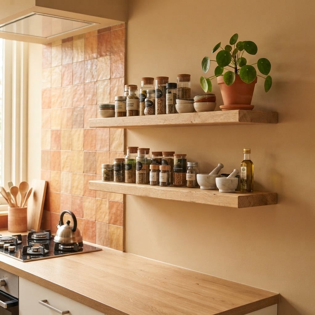 Zwevende wandplank in keuken, gebruikt als specerijen houder