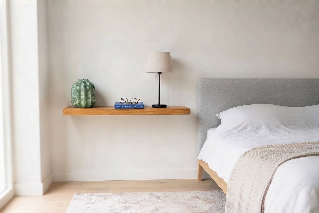Zwevende wandplank slaapkamer gebruikt als nachtkastje