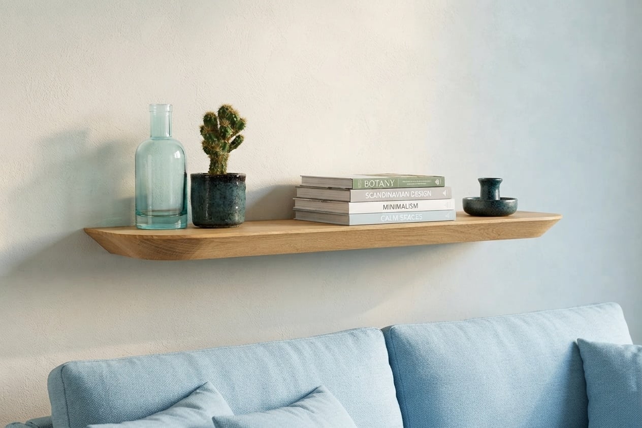 Zwevende wandplank boven blauwe bank