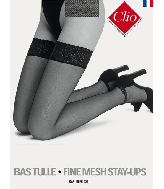 Clio Fine Mesh Stay Ups met naad en breed kanten boord