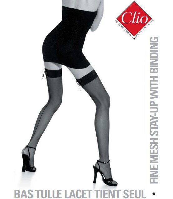 Clio Zwarte Fine Mesh Hold Ups met Naad – Verleidelijke Tulle en Satijnen Lintje