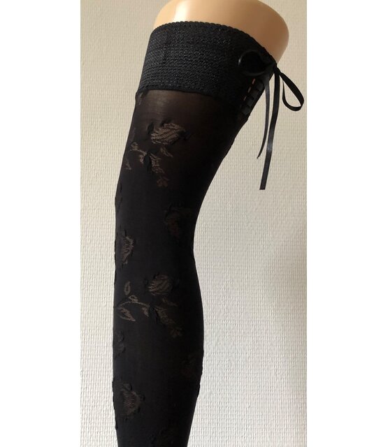 Clio 60 Den. Microfiber Opaque Hold Ups - Bloemenmotief en Satijnen Lint