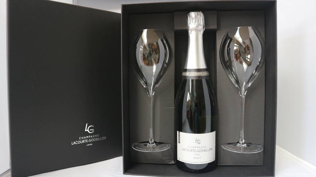 Luxe geschenkdoos Champagne Lacourte-Godbillon met 2 Lehmann glazen