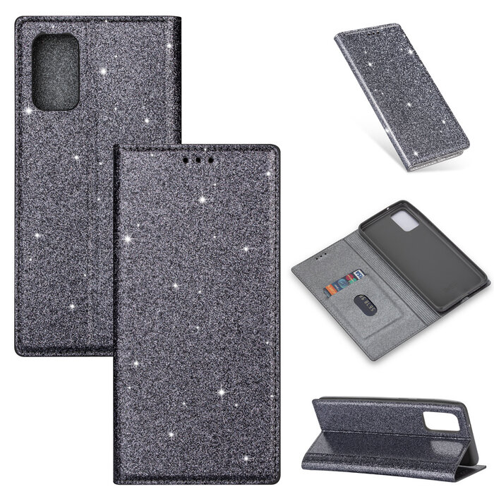 JVS Products iPhone 13 Pro Max hoesje - Bookcase - Pasjeshouder - Portemonnee - Glitter - TPU - Grijs