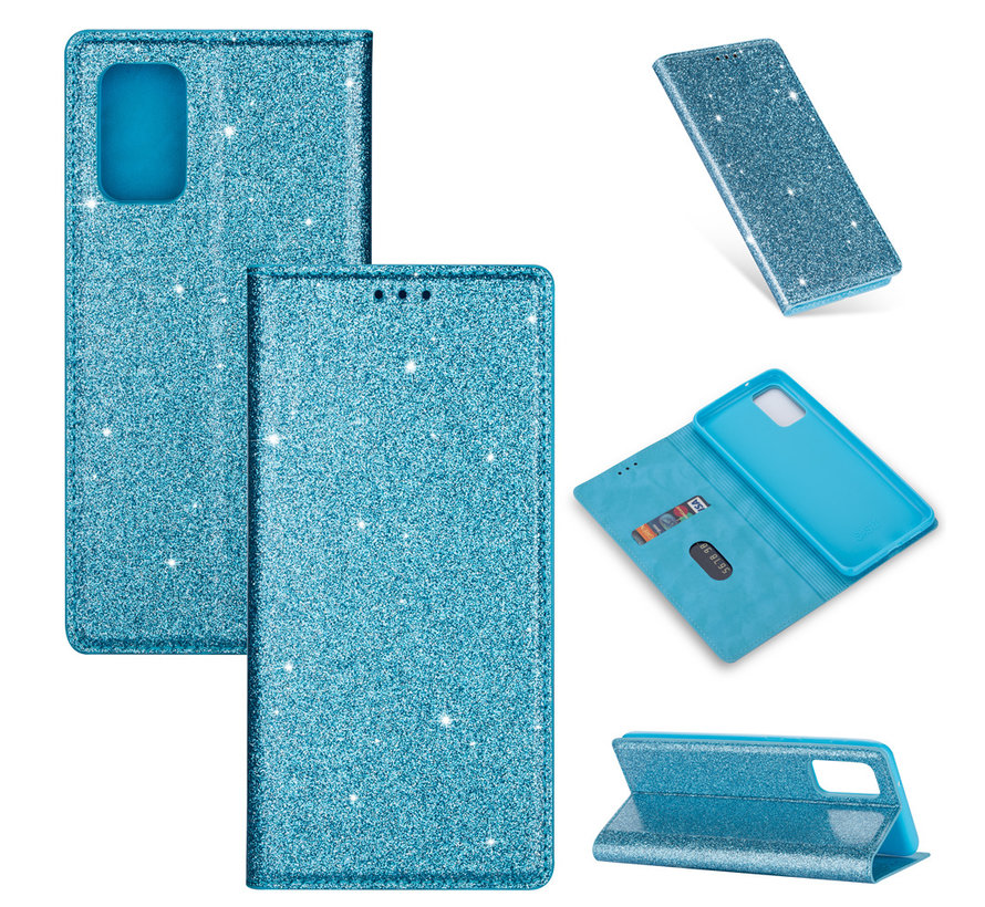 iPhone 13 Pro Max hoesje - Bookcase - Pasjeshouder - Portemonnee - Glitter - TPU - Blauw kopen
