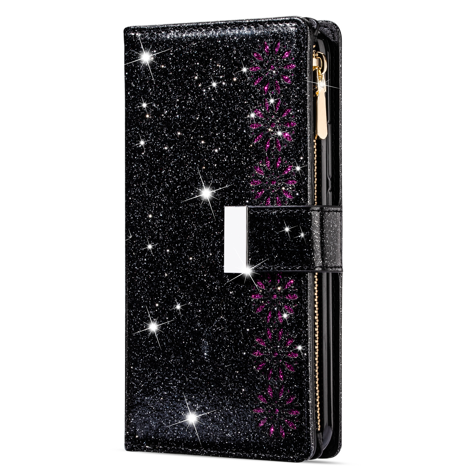 iPhone 13 Pro Max Luxe Glitter Book Case Hoesje met Koord - Bloemenpatroon - Magnetische Sluiting - Portemonnee met Rits - Pasjeshouder - Apple iPhone 13 Pro Max - Zwart