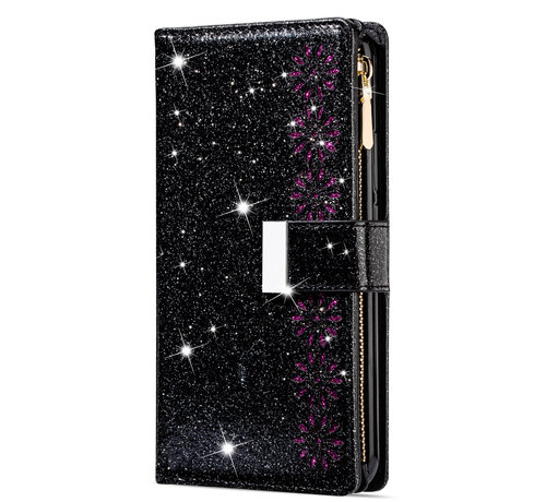 JVS Products iPhone 13 hoesje - Bookcase - Koord - Pasjeshouder - Portemonnee - Glitter - Bloemenpatroon - Kunstleer - Zwart kopen