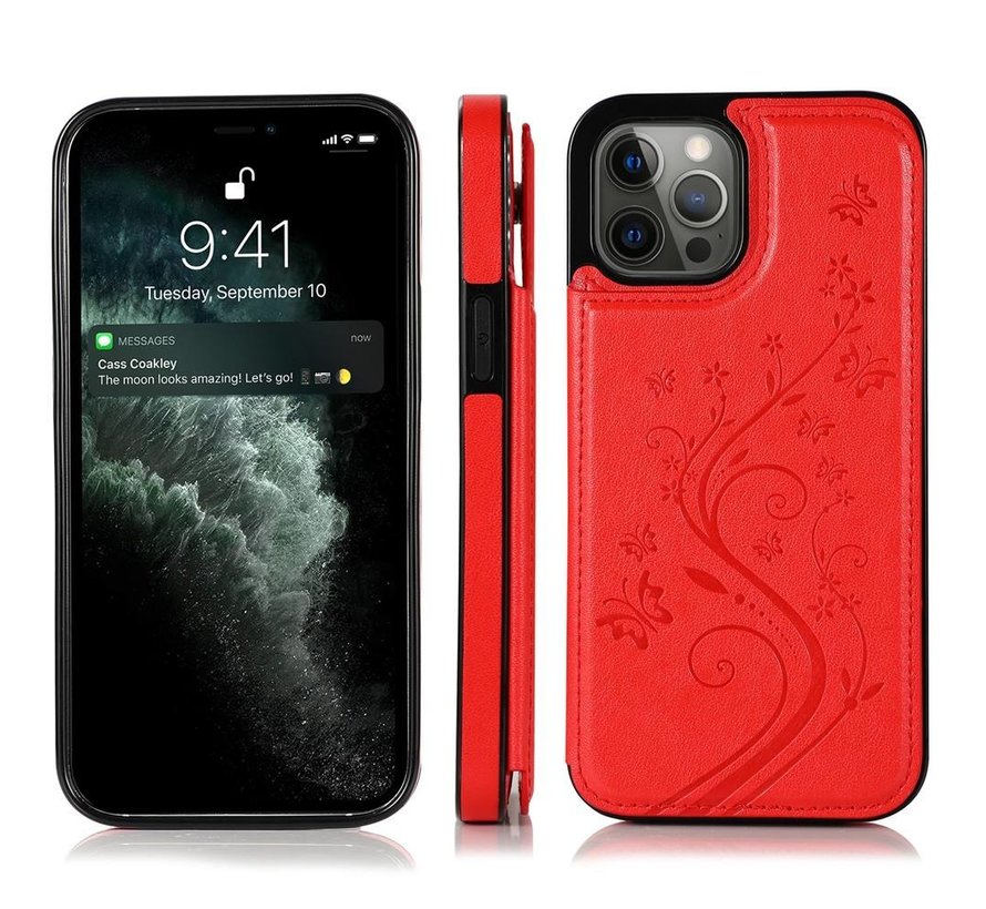 iPhone 13 Pro Max hoesje - Backcover - Pasjeshouder - Portemonnee - Bloemenprint - Kunstleer - Rood kopen