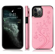 JVS Products iPhone 12 hoesje - Backcover - Pasjeshouder - Portemonnee - Bloemenprint - Kunstleer - Roze