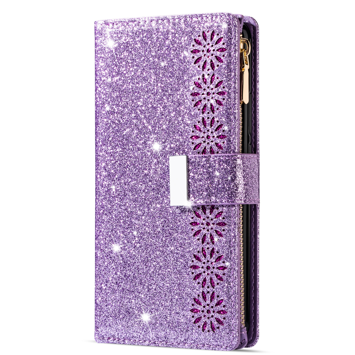 Samsung Galaxy A52S hoesje - Bookcase - Koord - Pasjeshouder - Portemonnee - Glitter - Bloemenpatroon - Kunstleer - Paars afbeelding