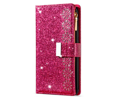 JVS Products Samsung Galaxy A52S hoesje - Bookcase - Koord - Pasjeshouder - Portemonnee - Glitter - Bloemenpatroon - Kunstleer - Roze