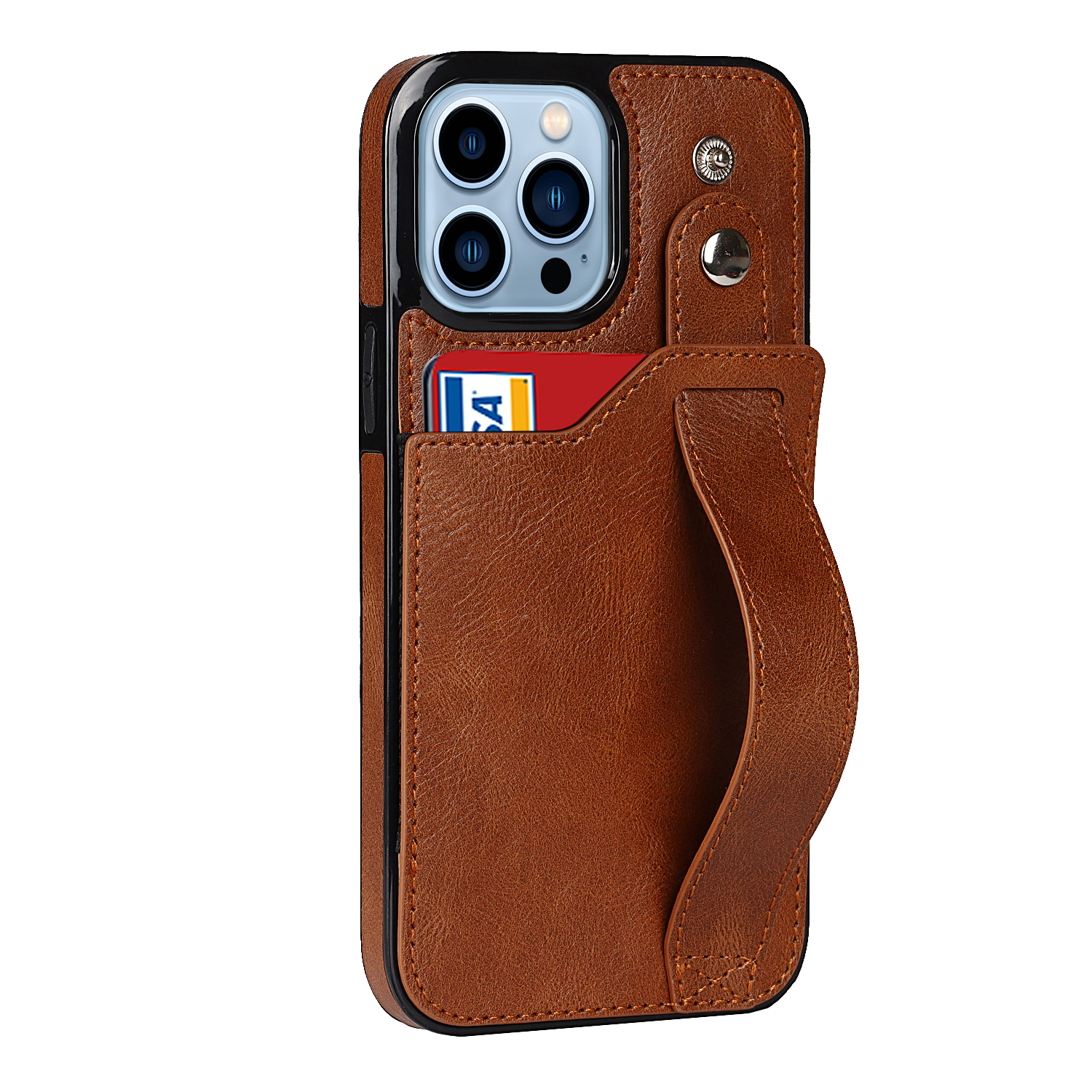 iPhone 13 Pro hoesje - Backcover - Pasjeshouder - Portemonnee - Handvat - Kunstleer - Bruin afbeelding