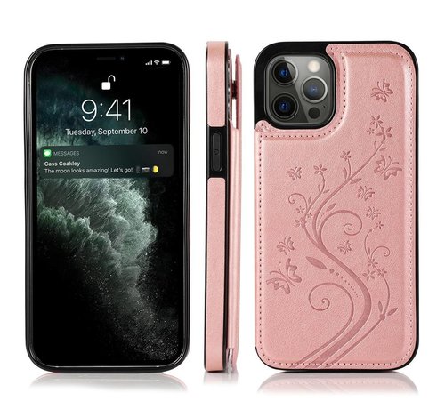 JVS Products iPhone 12 Pro Max hoesje - Backcover - Pasjeshouder - Portemonnee - Bloemenprint - Kunstleer - Rose Goud kopen