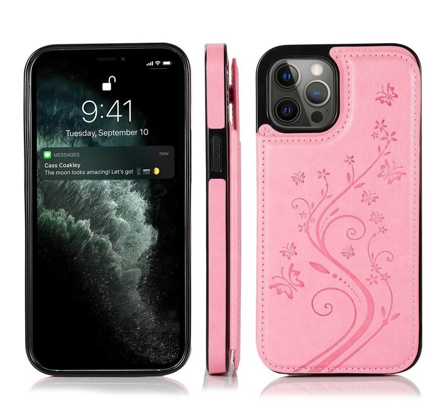 iPhone 12 Pro hoesje - Backcover - Pasjeshouder - Portemonnee - Bloemenprint - Kunstleer - Roze kopen