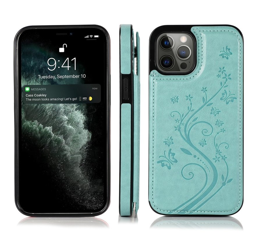 iPhone 12 Pro Back Cover Hoesje met print - Pasjeshouder - Kunstleer - Portemonnee - Magneetsluiting - Flipcover - Apple iPhone 12 Pro - Turquoise