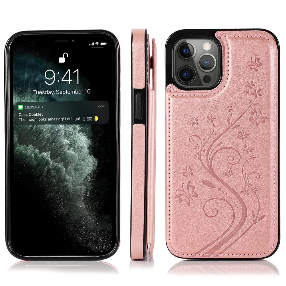 iPhone 12 hoesje - Backcover - Pasjeshouder - Portemonnee - Bloemenprint - Kunstleer - Rose Goud afbeelding