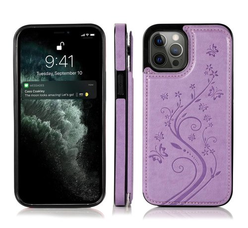 JVS Products iPhone 12 hoesje - Backcover - Pasjeshouder - Portemonnee - Bloemenprint - Kunstleer - Paars kopen