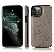 JVS Products iPhone 11 Pro Max hoesje - Backcover - Pasjeshouder - Portemonnee - Bloemenprint - Kunstleer - Grijs