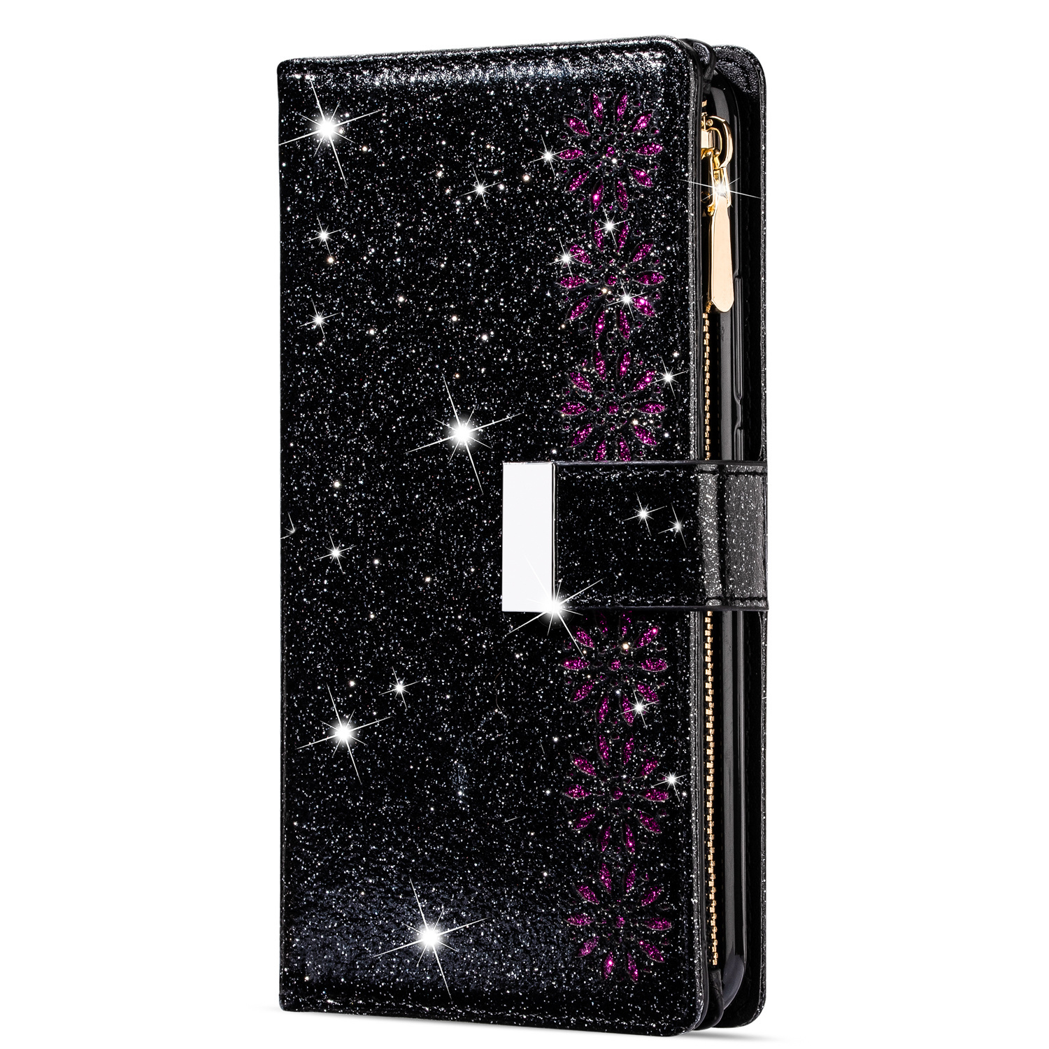 Samsung Galaxy S22 Luxe Glitter Book Case Hoesje met Koord - Bloemenpatroon - Magnetische Sluiting - Portemonnee met Rits - Pasjeshouder - Samsung Galaxy S22 - Zwart