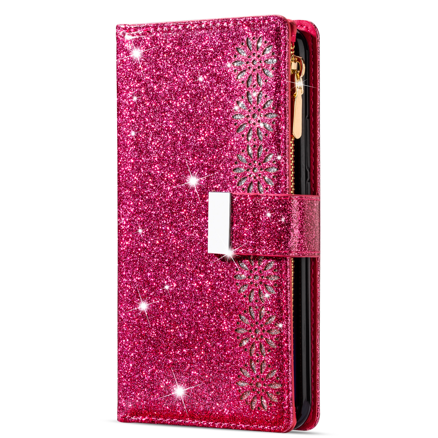 Samsung Galaxy S22 Luxe Glitter Book Case Hoesje met Koord - Bloemenpatroon - Magnetische Sluiting - Portemonnee met Rits - Pasjeshouder - Samsung Galaxy S22 - Roze