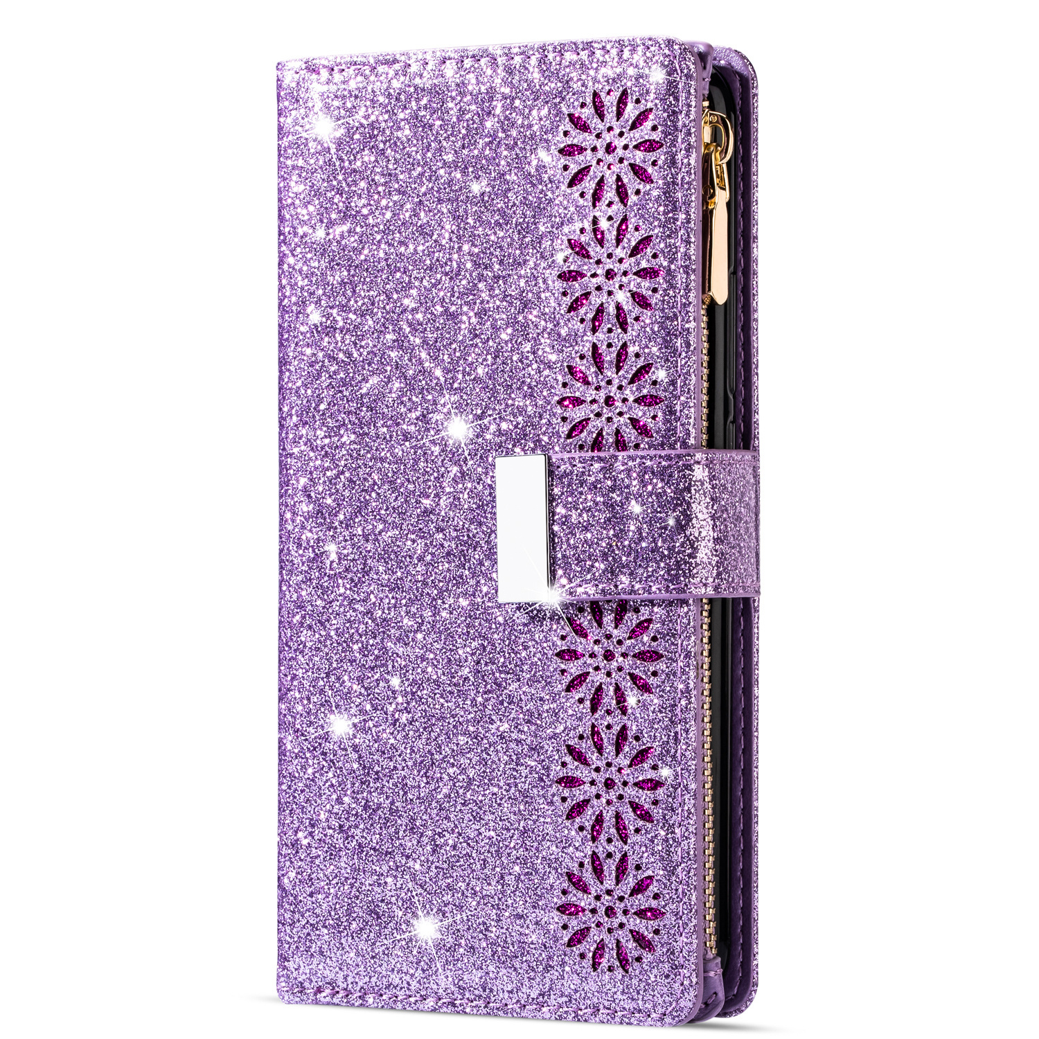 Samsung Galaxy S22 Luxe Glitter Book Case Hoesje met Koord - Bloemenpatroon - Magnetische Sluiting - Portemonnee met Rits - Pasjeshouder - Samsung Galaxy S22 - Paars