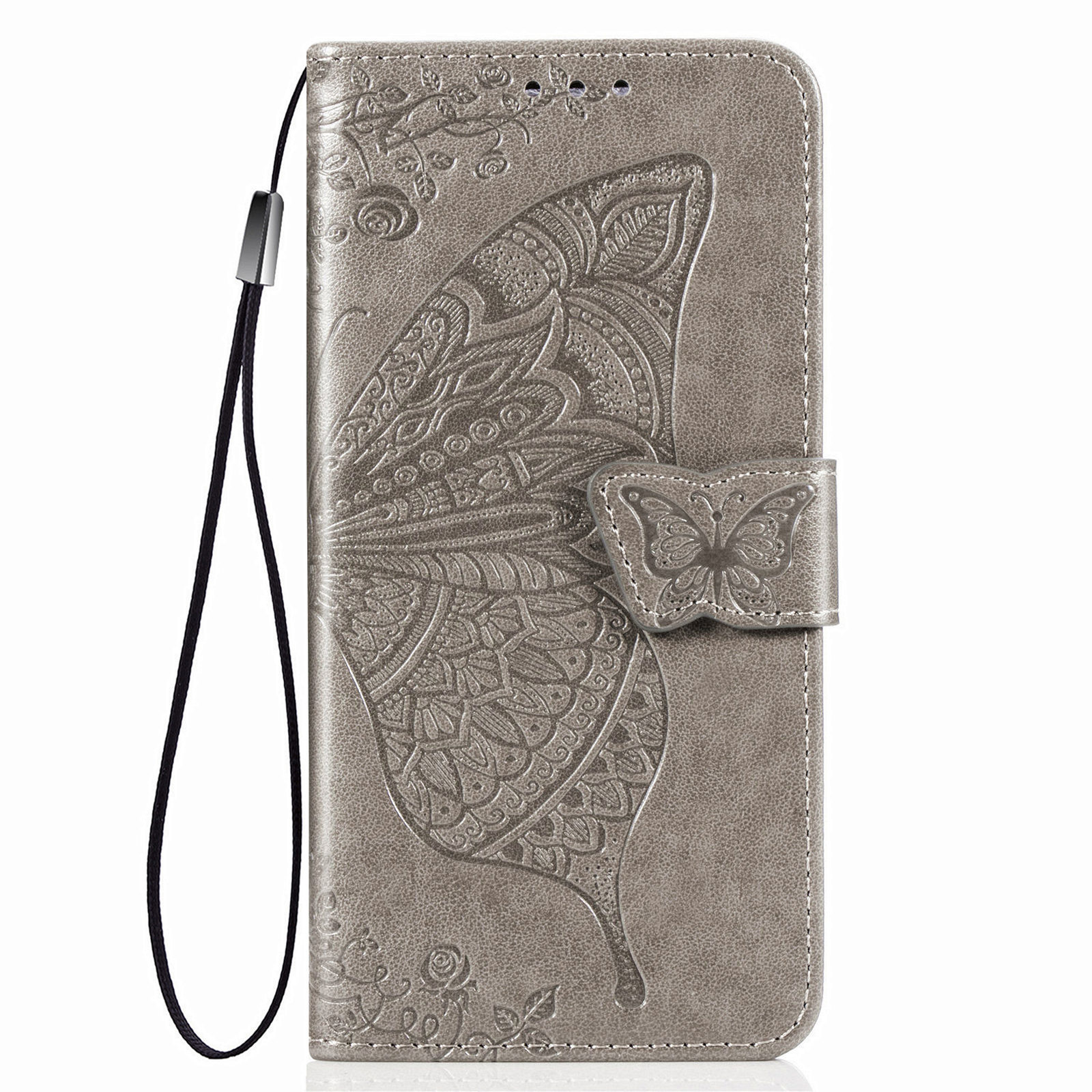 Samsung Galaxy A72 hoesje - Bookcase - Pasjeshouder - Portemonnee - Vlinderpatroon - Kunstleer - Grijs afbeelding