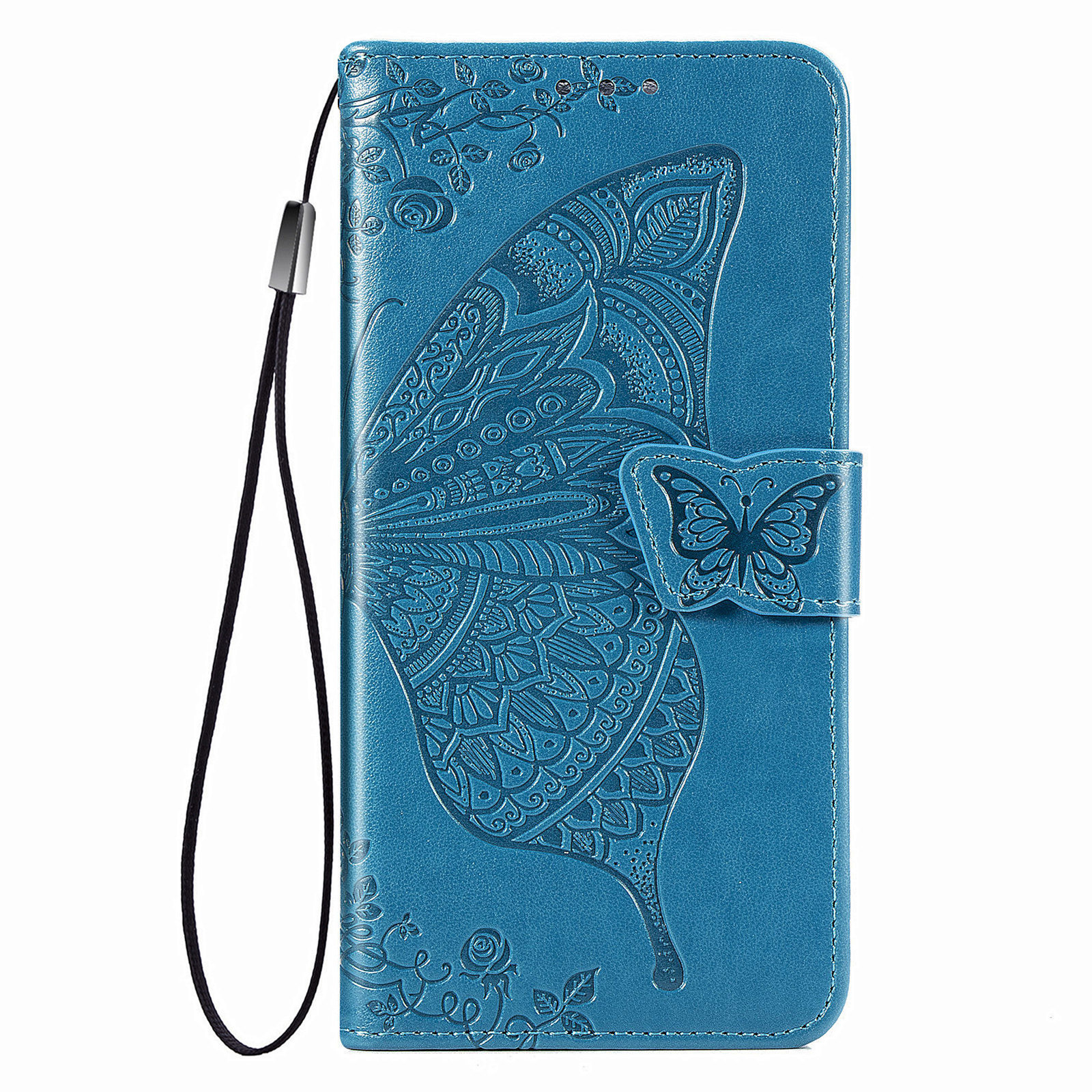 Samsung Galaxy S21 FE hoesje - Bookcase - Pasjeshouder - Portemonnee - Vlinderpatroon - Kunstleer - Blauw afbeelding