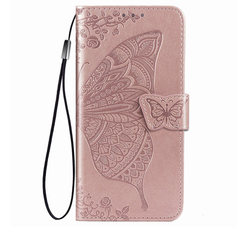 JVS Products iPhone 12 hoesje - Bookcase - Pasjeshouder - Portemonnee - Vlinderpatroon - Kunstleer - Rose Goud kopen