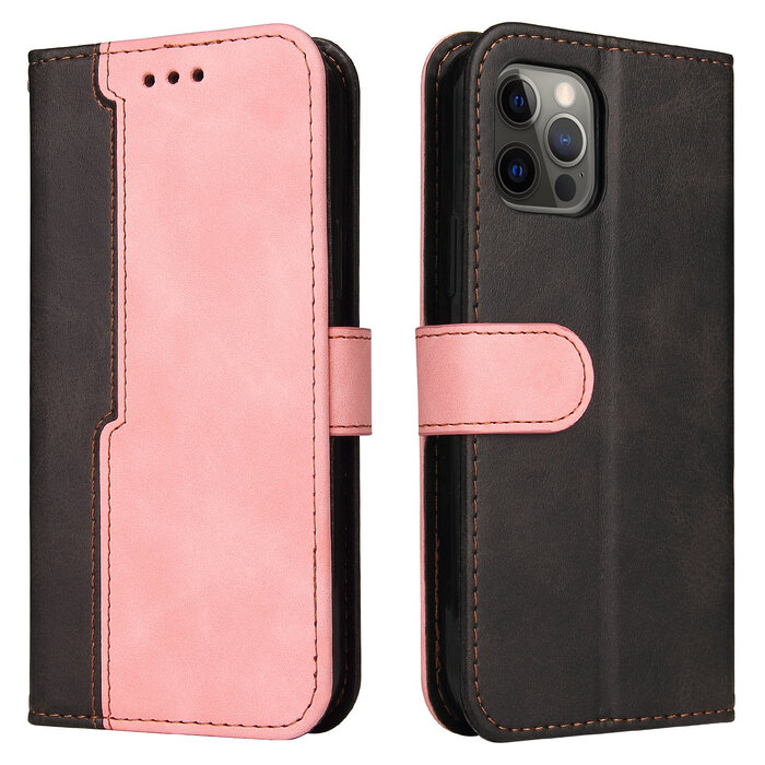 JVS Products iPhone 12 Pro hoesje - Bookcase - Koord - Pasjeshouder - Portemonnee - Tweekleurig - Kunstleer - Zwart/Roze
